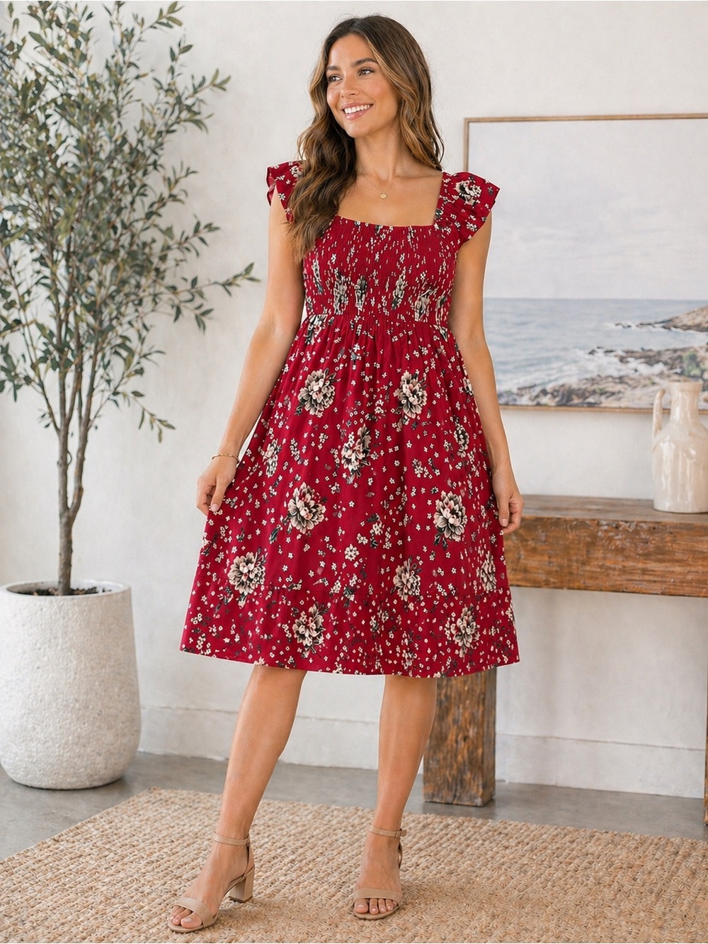 Torrid Floral Smocked Dress Size 00 (10–12 M/L) Red Pockets Stretchy Bodice